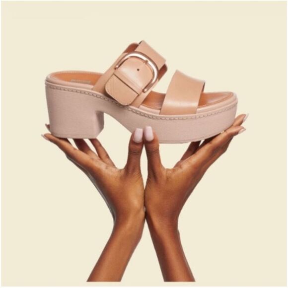 Fitflop Shoes - FITFLOP Pilar Leather Platform Slides Beige Size 6